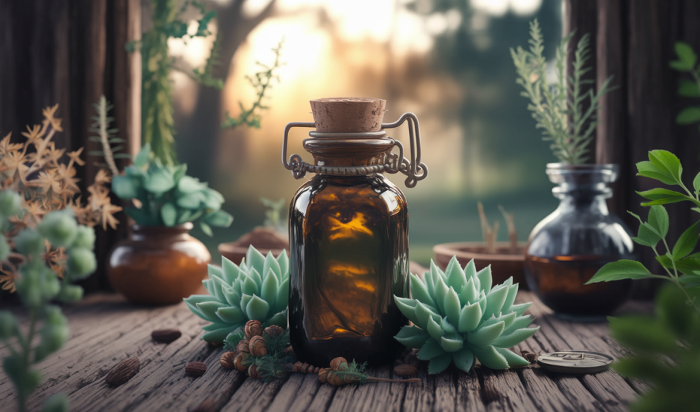 flacon-table-bois-plantes-medecinales