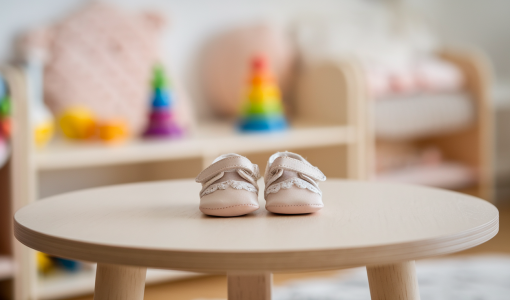 chaussures-bebe-table-bois-clair