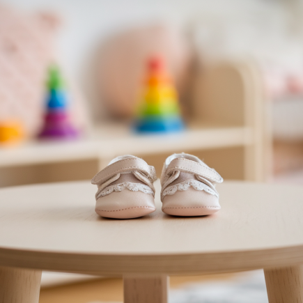 chaussures-bebe-table-bois-clair