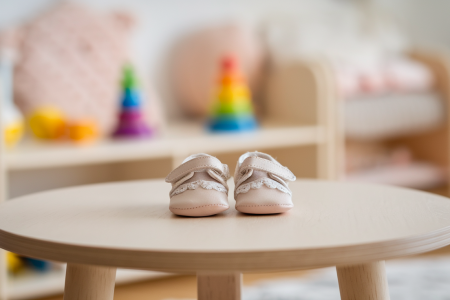 chaussures-bebe-table-bois-clair