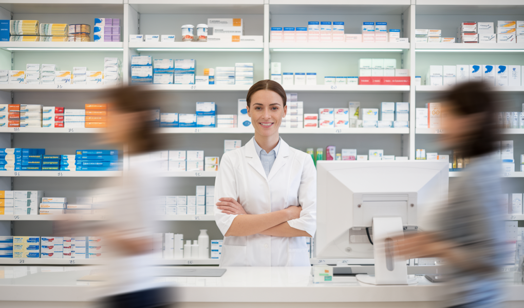 pharmacien-comptoir-pharmacie-rayons-ordonnes